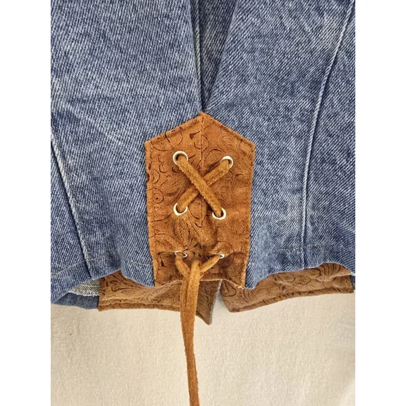 Frontier Vtg Denim Leather Cropped 1 Button Western Jacket. Ladies Size Large - Picture 10 of 15